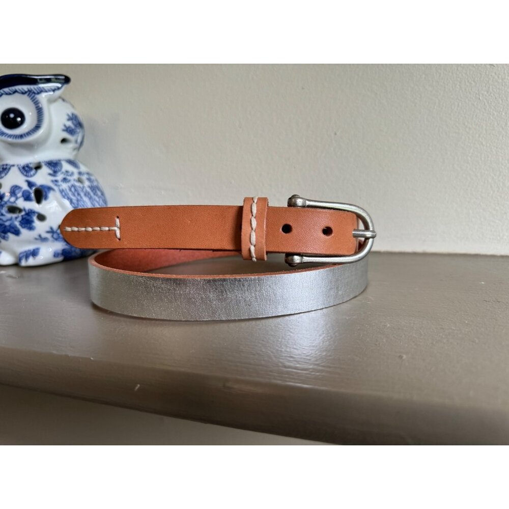 Sperry Leather Belt Silver Metallic & Brown Thin Womens Medium Preppy Twee - Picture 4 of 9